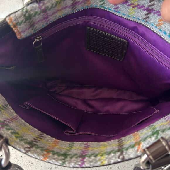 COACH Penelope Wool Tattersall Tweed Leather Trim Tote Shoulder Hand Bag Top Zip - Picture 3 of 13